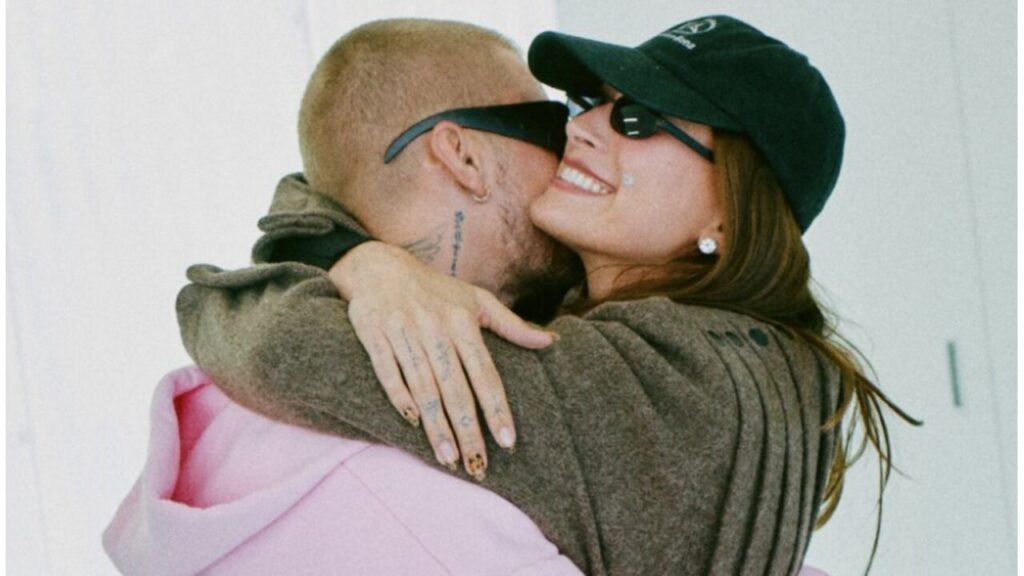 Justin and Hailey Bieber hugging each other.