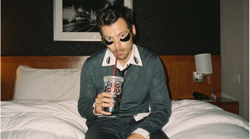 Harry Styles sitting on a bed.