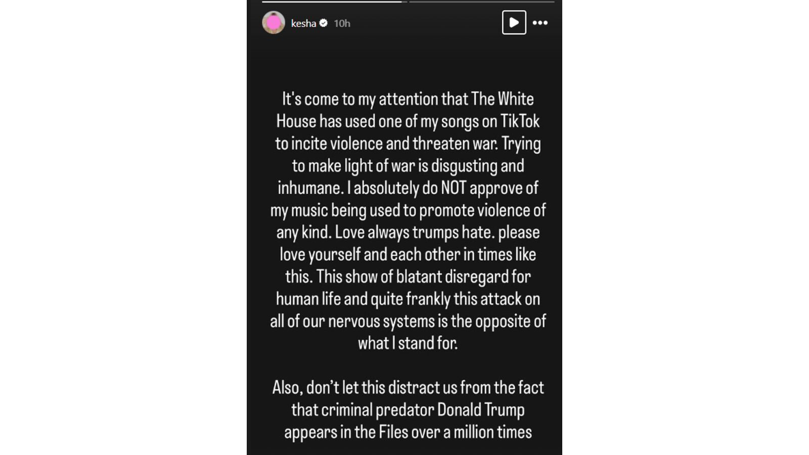 Kesha's story on Instagram.